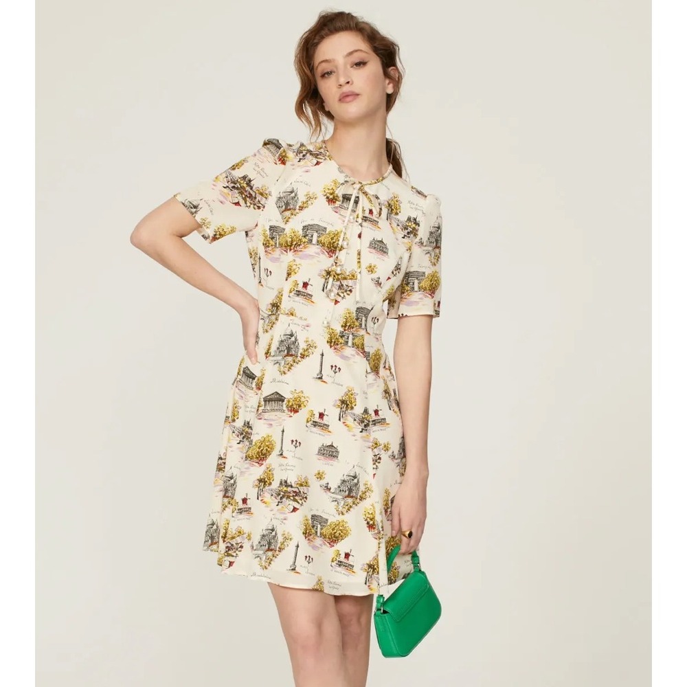 LK Bennett Marais Dress Silk Paris Print Pearl‎ Button Short Sleeve Mini Sz 6 US